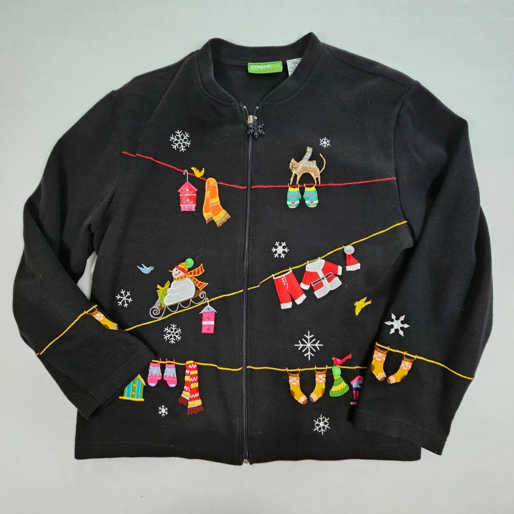 Onque Casuals Womens Large Black Christmas Full Zip Embroidered Sweater Jacket